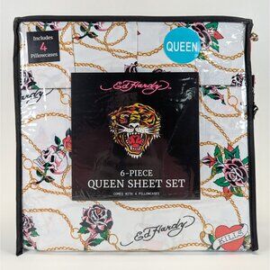 Ed Hardy White Black Rose Skull Queen Sheet Set 6-Piece w/ 4 Pillowcases - NEW